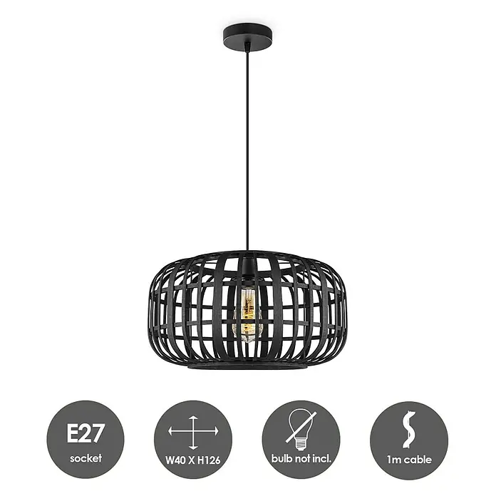 Home Sweet Home Bamboo Pendelleuchte - 10 W, L x B x H: 40 x 40 x 126 cm, Schwarz, E27 - Pendelleuchte mit schwarzem, offenem Design und E27 Fassung, perfekt für stimmungsvolle Beleuchtung im Wohnraum.