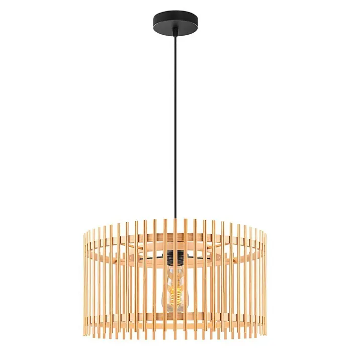 Home Sweet Home Bamboo Pendelleuchte rund - 10 W, Ø x H: 40 x 126 cm, Natur, E27 - Pendelleuchte mit einem runden Holzschirm und einem minimalistischen Design, ideal für moderne Wohnräume.