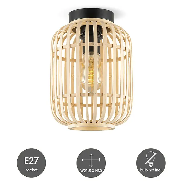 Home Sweet Home Bamboo Deckenleuchte - 10 W, L x B x H: 21,5 x 21,5 x 30 cm, Natur, E27 - Nahaufnahme der Deckenleuchte aus Bambus mit schwarzer Deckenbefestigung und klarem E27-Leuchtmittel, ohne enthaltene Birne.