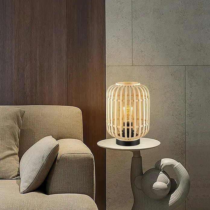 Home Sweet Home Bamboo Tischleuchte - 10 W, L x B x H: 21,5 x 21,5 x 30 cm, Natur, E27 - Elegante Tischleuchte mit Holzschirm und Edison-Glühbirne, die ein warmes, einladendes Licht ausstrahlt und eine gemütliche Atmosphäre schafft.