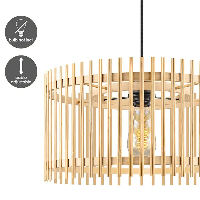 Home Sweet Home Bamboo Pendelleuchte rund - 10 W, Ø x H: 40 x 126 cm, Natur, E27 - Eine moderne Hängelampe mit Holzdetails und einer Glühbirne im Inneren, die ein warmes Licht ausstrahlt.