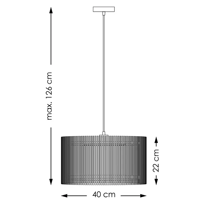 Home Sweet Home Bamboo Pendelleuchte rund - 10 W, Ø x H: 40 x 126 cm, Schwarz, E27 - Schema einer Pendelleuchte mit Maßen: max. 126 cm Höhe, 40 cm Durchmesser, 22 cm Höhe des Lampenschirms.