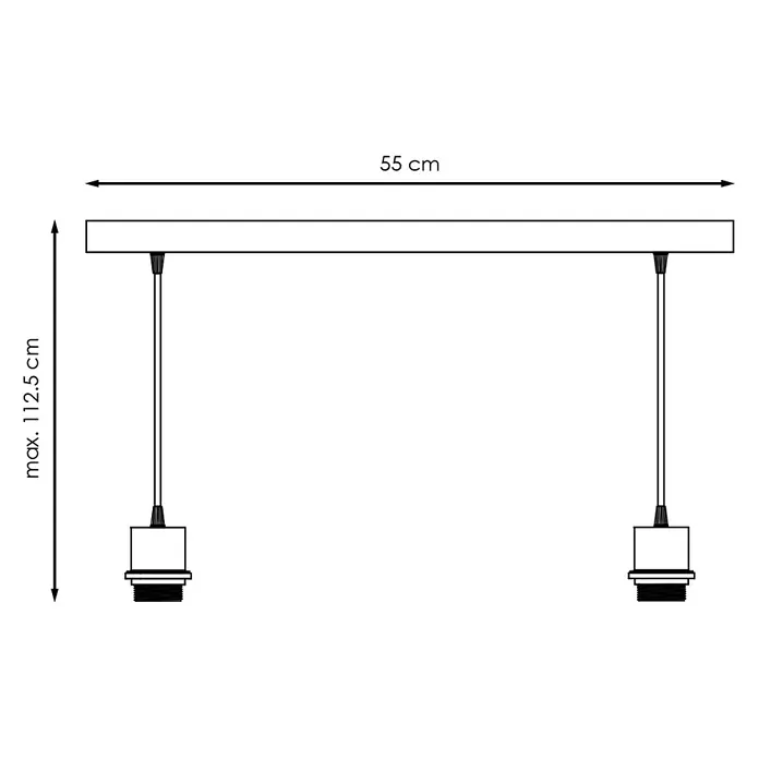 Home Sweet Home Pendelleuchte Beam - 10 W, L x B x H: 9,5 x 55 x 112,5 cm, Schwarz, E27 - Technische Zeichnung einer Pendelleuchte mit zwei Fassungen, Abmessungen: 55 cm breit, max. 112,5 cm hoch.