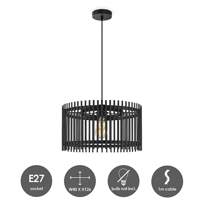Home Sweet Home Bamboo Pendelleuchte rund - 10 W, Ø x H: 40 x 126 cm, Schwarz, E27 - Ein modernes Deckenpendelleuchte mit einem schwarzen, vertikalen Stäben-Schirm und einer E27 Fassung. Glühbirne ist nicht enthalten.