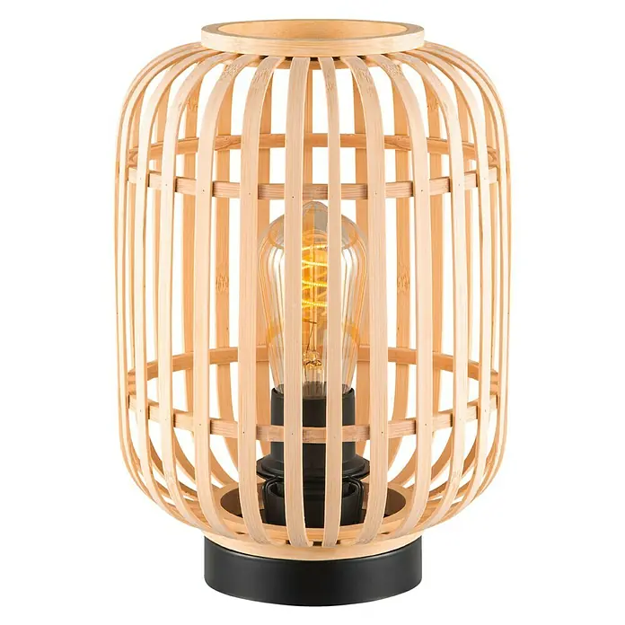 Home Sweet Home Bamboo Tischleuchte - 10 W, L x B x H: 21,5 x 21,5 x 30 cm, Natur, E27 - Beige Bambus Laterne mit schwarzem Sockel und einer warm leuchtenden Glühbirne im Inneren.