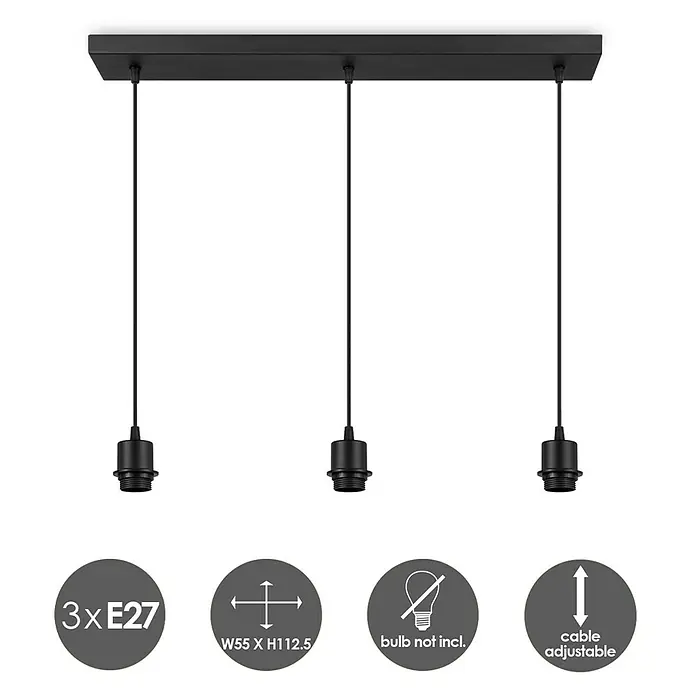 Home Sweet Home Pendelleuchte Pendelleuchte - Beam - 10 W, L x B x H: 9,5 x 65 x 112,5 cm, Schwarz, E27 - Schwarze Dreifach-Pendelleuchte mit E27-Fassungen, ideal für moderne Wohnräume. Das Kabel ist verstellbar, Leuchtmittel sind nicht enthalten.