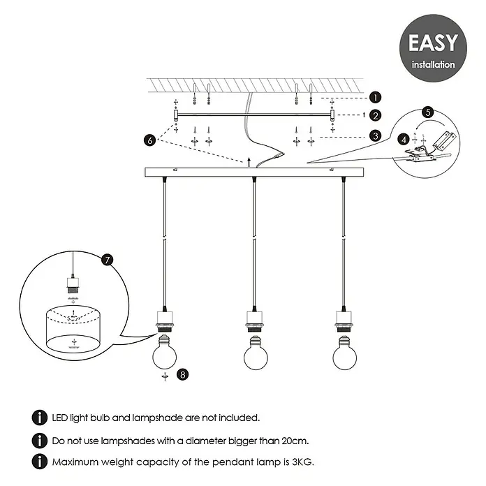 Home Sweet Home Pendelleuchte Pendelleuchte - Beam - 10 W, L x B x H: 9,5 x 65 x 112,5 cm, Schwarz, E27 - Abbildung einer dreiflammigen Pendelleuchte mit Installationsanleitung und Hinweisen zu Glühbirnen, Lampenschirmen und Gewichtsbegrenzungen.