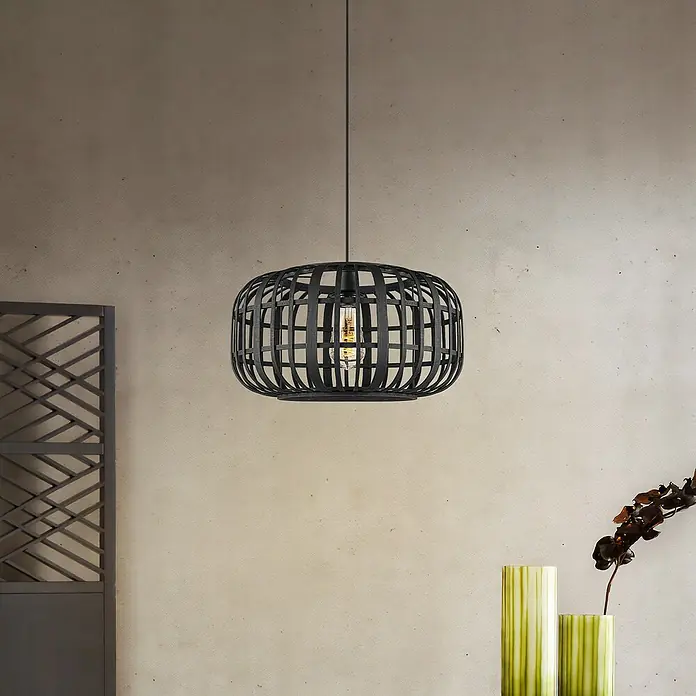 Home Sweet Home Bamboo Pendelleuchte - 10 W, L x B x H: 40 x 40 x 126 cm, Schwarz, E27 - Die schwarze Korbgeflecht-Pendelleuchte ist ein echter Hingucker und sorgt für ein angenehmes Licht im Raum.