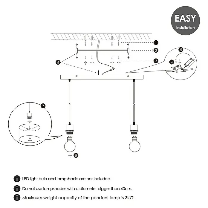 Home Sweet Home Pendelleuchte Beam - 10 W, L x B x H: 9,5 x 55 x 112,5 cm, Schwarz, E27 - Abbildung einer Montageanleitung für eine Pendelleuchte, die die einzelnen Schritte und Komponenten für eine einfache Installation zeigt.
