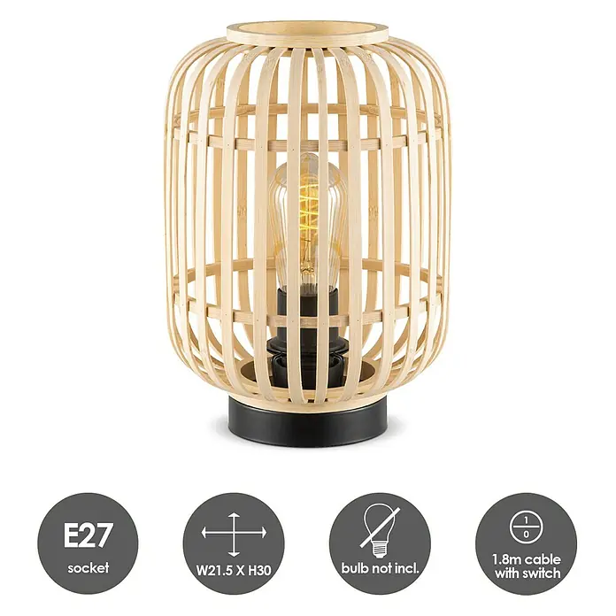 Home Sweet Home Bamboo Tischleuchte - 10 W, L x B x H: 21,5 x 21,5 x 30 cm, Natur, E27 - Elegante Tischleuchte aus Bambus mit E27 Fassung, ideal für stimmungsvolle Beleuchtung. Die Lampe wird ohne Leuchtmittel geliefert.