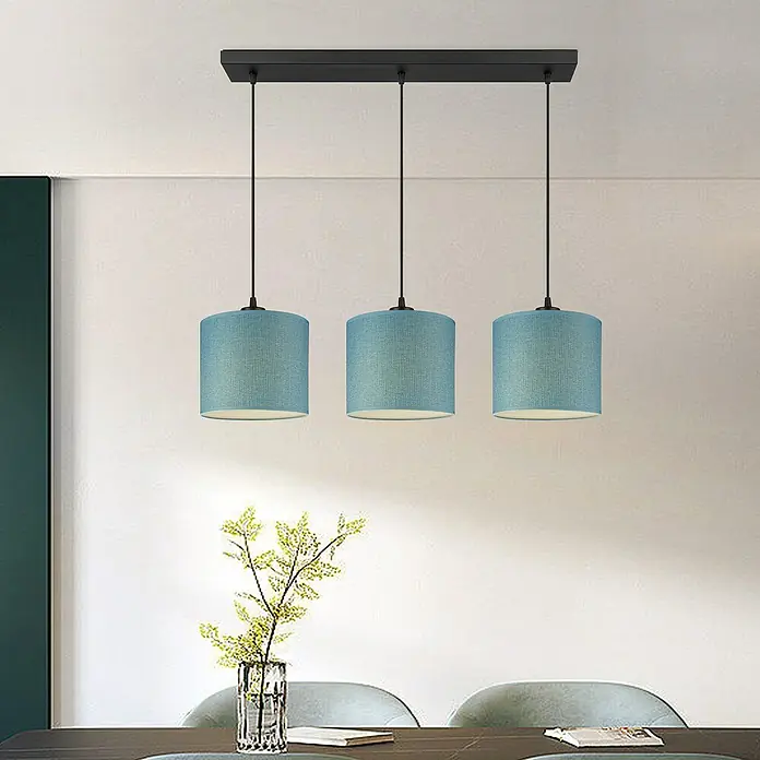 Home Sweet Home Pendelleuchte Pendelleuchte - Beam - 10 W, L x B x H: 9,5 x 65 x 112,5 cm, Schwarz, E27 - Ein elegantes, modernes dreiflammiges Pendelleuchten-Set mit zylindrischen, türkisfarbenen Lampenschirmen.