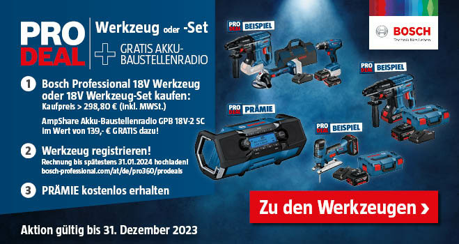 Lieferantenaktion Bosch Pro Deal Werkzeug-Set plus gratis Akku Baustellenradio