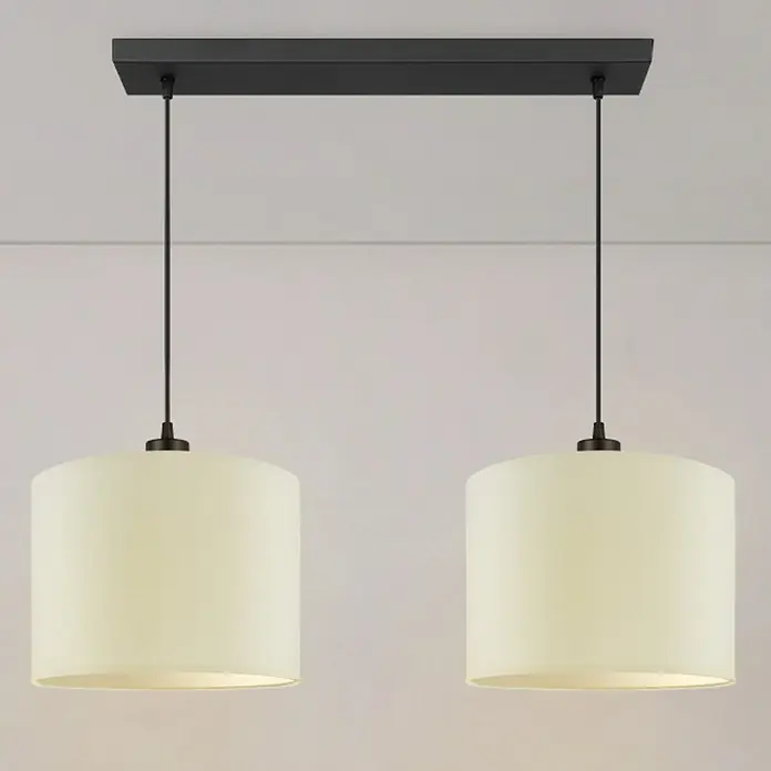 Home Sweet Home Pendelleuchte Beam - 10 W, L x B x H: 9,5 x 55 x 112,5 cm, Schwarz, E27 - Zwei elegante Hängelampen mit cremefarbenen Lampenschirmen und dunklen Aufhängungen, die ein warmes Licht verbreiten.