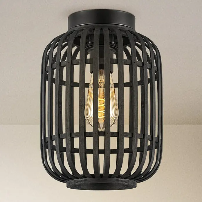 Home Sweet Home Bamboo Deckenleuchte - 10 W, L x B x H: 21,5 x 21,5 x 30 cm, Schwarz, E27 - Eine moderne Deckenleuchte in Schwarz mit einem dekorativen Käfigdesign um eine Edison-Glühbirne, die warmes Licht spendet.