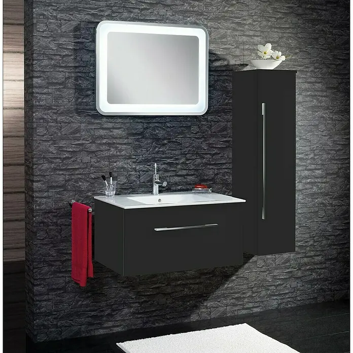 Camargue Stella K Midischrank - 31,2 x 32,5 x 121,4 cm, Schwarz, DIN Anschlag: Rechts - Ein modernes Badezimmer mit einem grauen Waschtischunterschrank, einem Spiegelschrank mit Beleuchtung und einem Hochschrank.