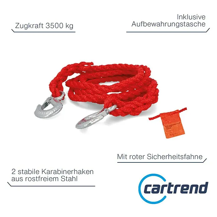 UniTEC Abschleppseil - 4 m, Zugkraft: 3,5 t - Ein rotes Abschleppseil mit zwei Karabinern aus rostfreiem Stahl und einer Aufbewahrungstasche. Zugkraft 3500 kg.