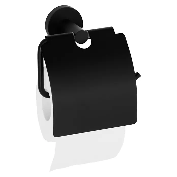 Tauro Baño Nude Portarrollos papel higiénico - Negro - Este moderno portarrollos de papel higiénico negro mate con tapa es un complemento elegante para cualquier baño. El diseño minimalista es elegante.