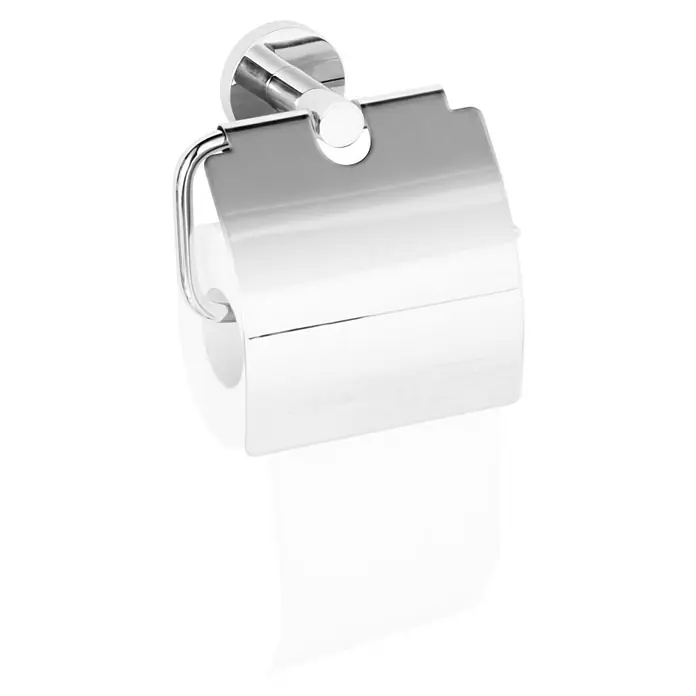 Tauro Baño Nude Portarrollos papel higiénico - Con tapa, Cromo - Un portarrollos de papel higiénico cromado con un rollo de papel parcialmente usado. El producto es brillante y moderno.