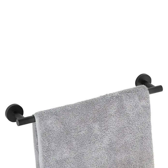 Tauro Baño Nude Toallero de barra - Ancho: 45 cm, Negro - Una toalla gris colgada en un toallero negro mate. El colgador tiene un diseño moderno y minimalista.