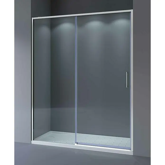 Camargue Mampara de ducha frontal Bali - 120 x 195 cm, Espesor de vidrio: 5 mm, Cromo - Imagen de una mampara de ducha moderna con puertas correderas y cristal transparente. Ideal para baños elegantes.