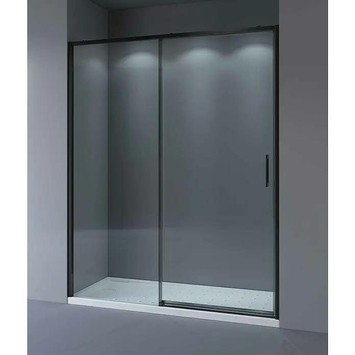 Camargue Mampara de ducha frontal Bali - 120 x 195 cm, Espesor de vidrio: 5 mm, Negro - Una mampara de ducha moderna con puertas correderas y marco oscuro en un baño con paredes grises.