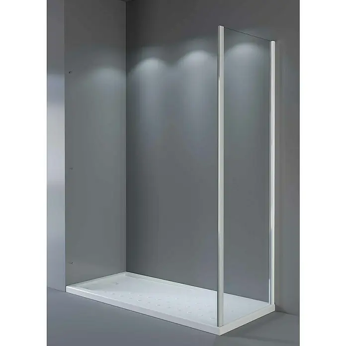Camargue Mampara de ducha frontal Bali - L x An x Al: 70 x 100 x 195 cm, Cromo, Espesor de vidrio: 5 mm - Foto de producto de una ducha moderna con panel de vidrio y plato de ducha blanco en un baño minimalista y gris.