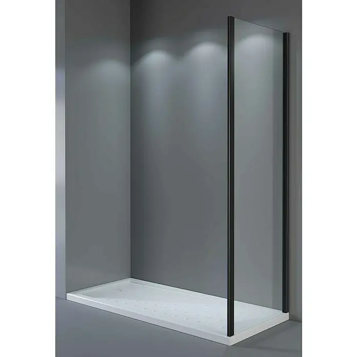 Camargue Mampara de ducha frontal Bali - L x An x Al: 80 x 120 x 195 cm, Negro, Espesor de vidrio: 5 mm - Un moderno panel de ducha con diseño minimalista, colocado en un baño con paredes grises.