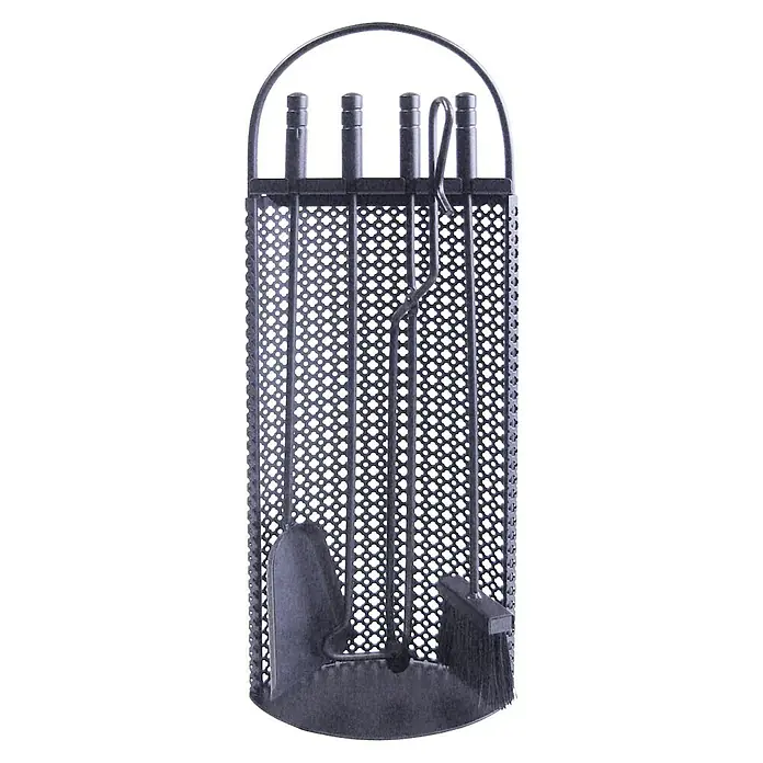 Imex El Zorro Juego de utensilios para chimenea Malla Antigua - 14 x 23 x 68 cm, Hierro, Negro, 4 pzs. - Juego de chimenea metálico con pala, atizador, tenazas y cepillo, situado en un soporte con asa.