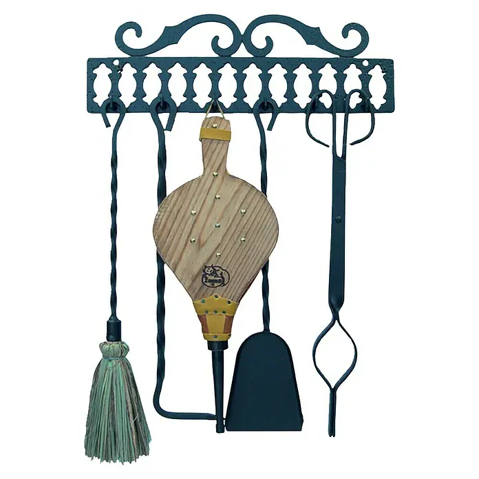 Imex El Zorro Juego de utensilios para chimenea - 6 pzs., 2,5 x 43 x 45 cm, Hierro, Negro - Juego de chimenea con fuelle y herramientas en un soporte adornado. Ideal para los amantes de la chimenea.