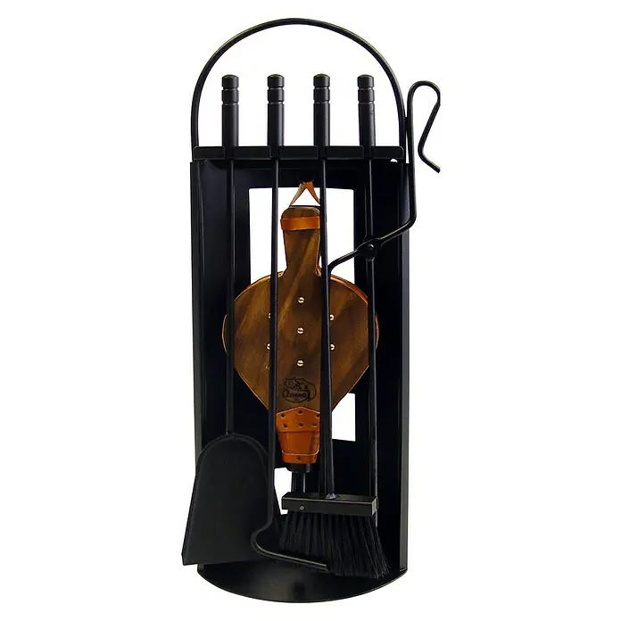 Imex El Zorro Juego de utensilios para chimenea Arco - 14 x 23 x 68 cm, Hierro, Negro, 5 pzs. - Juego de chimenea con fuelle, pala, cepillo y tenazas. El conjunto es de metal y madera y está sobre una base redonda.