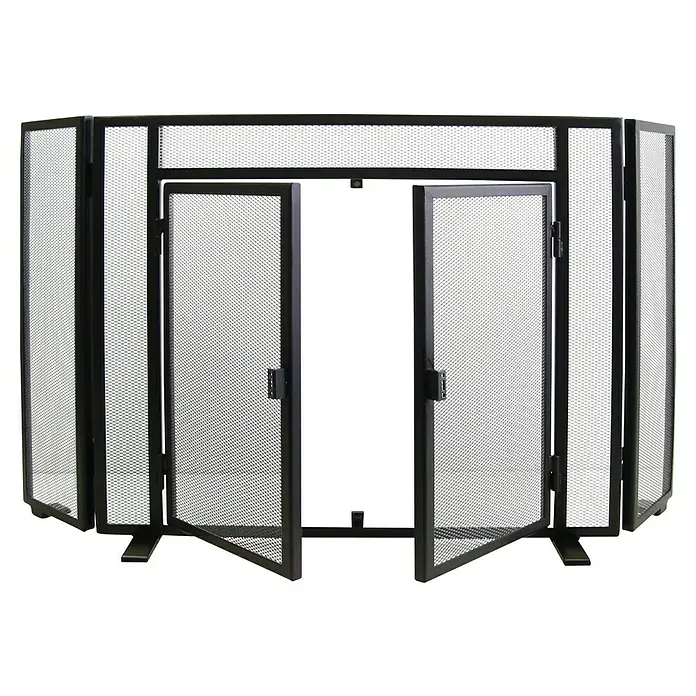 Imex El Zorro Salvachispas plegable con puertas - An x Al: 123 x 68 cm, Negro - La imagen muestra un protector contra chispas negro de metal de paneles múltiples con dos puertas que se abren, centrado en el diseño del producto.