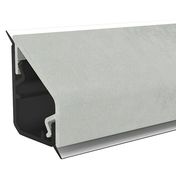 Kantoflex Wandabschlussprofil Design 47082 Oxid - 300 x 1,6 x 2,4 cm - Ein detailliertes Bild eines Aluminiumprofils. Das Profil ist grau mit schwarzen Akzenten und weißem Rand.