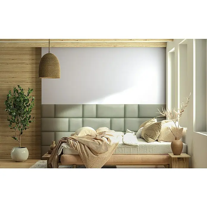 Fllow Wandpolster Jar - Minze, 60 x 30 cm - Einladendes Schlafzimmer mit einem gemütlichen Bett, einem dekorativen Überwurf und einem stilvollen, geflochtenen Lampenschirm für eine entspannte Atmosphäre.