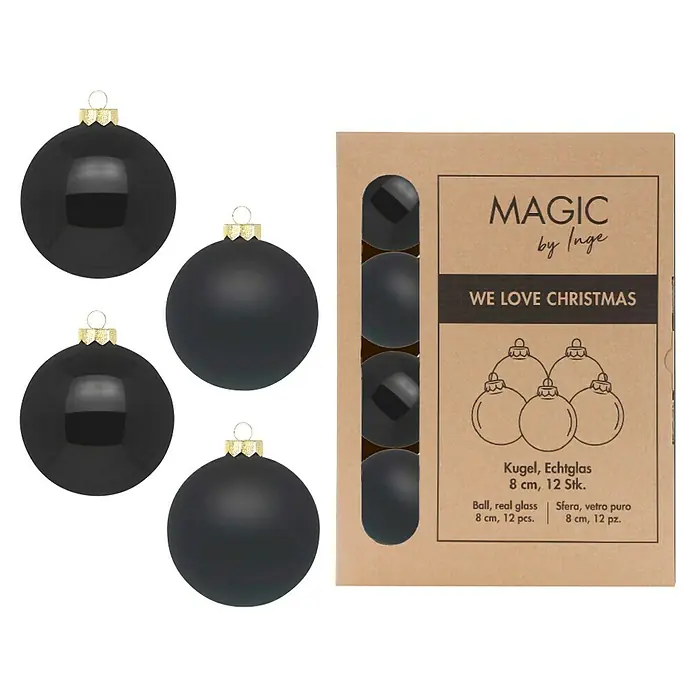 Weihnachtskugeln - Ebony Black, Glas, Durchmesser: 8 cm, 12 Stk. - Schwarze Weihnachtskugeln aus Echtglas, 8 cm Durchmesser, 12 Stück, in einer Verpackung von Magic by Inge.