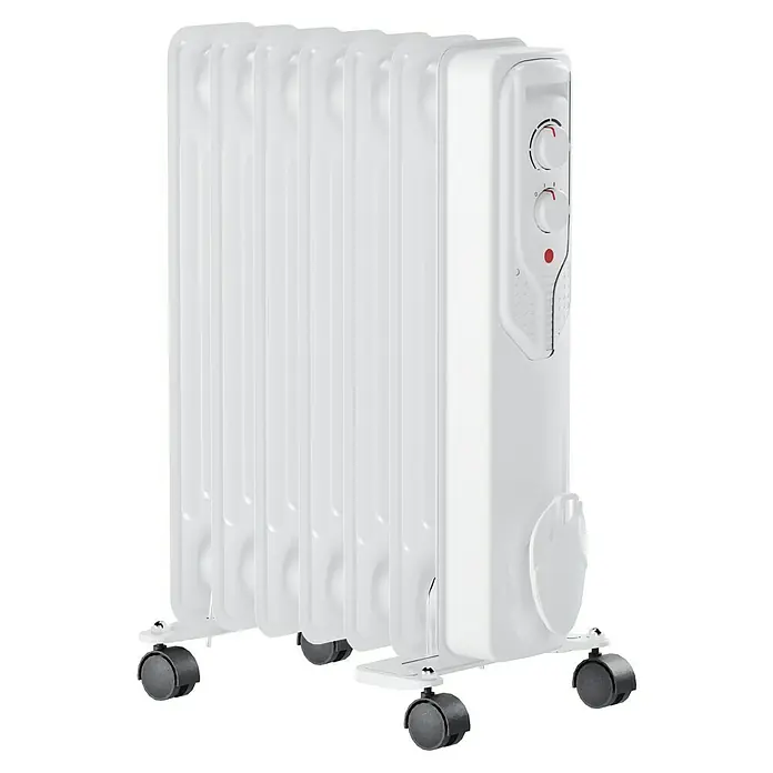 Voltomat HEATING Ölradiator - 1.500 W, Raumgröße bis ca. 15 m², Weiß - Ein weißer, tragbarer Ölradiator mit Thermostat und Rollen für den einfachen Transport zur optimalen Wärmeregulierung im Raum.