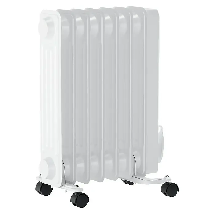 Voltomat HEATING Ölradiator - 1.500 W, Raumgröße bis ca. 15 m², Weiß - Abbildung eines weißen Ölradiators mit Rollen. Er ist kompakt, hat mehrere Heizrippen und ist ideal für kleine Räume.
