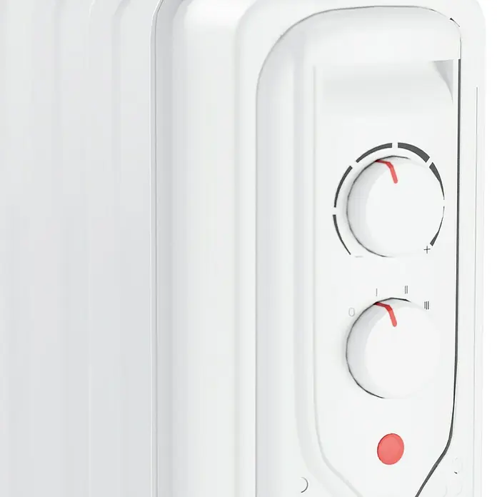Voltomat HEATING Ölradiator - 2.000 W, Raumgröße bis ca. 20 m², Weiß - Nahaufnahme eines weißen Heizkörpers mit Drehreglern zur Temperatureinstellung.