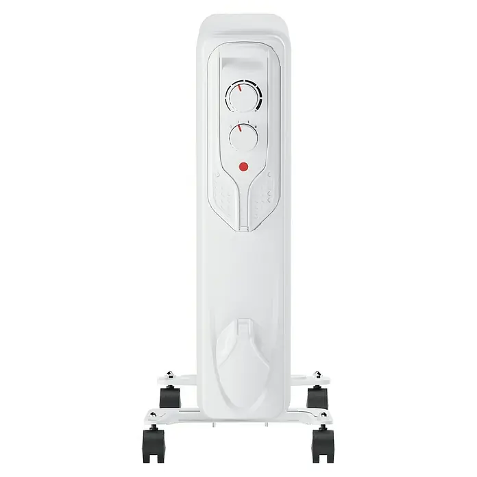 Voltomat HEATING Ölradiator - 1.500 W, Raumgröße bis ca. 15 m², Weiß - Ein weißer, mobiler Ölradiator mit zwei Drehreglern zur Temperatureinstellung und einem roten Netzschalter.
