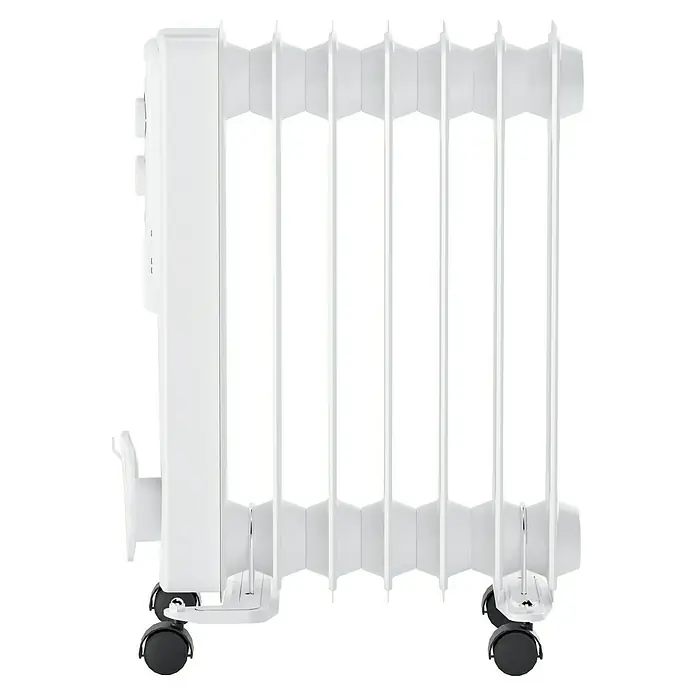 Voltomat HEATING Ölradiator - 1.500 W, Raumgröße bis ca. 15 m², Weiß - Ein weißer, tragbarer Ölradiator mit mehreren Heizrippen und Bedienelementen an der Seite steht vor einem schwarzen Hintergrund.