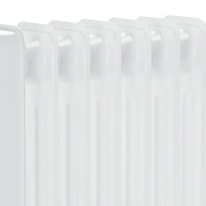 Voltomat HEATING Ölradiator - 1.500 W, Raumgröße bis ca. 15 m², Weiß - Nahaufnahme eines weißen Heizkörpers. Das Bild zeigt die sauberen Linien und die glatte Oberfläche des modernen Heizkörpers.