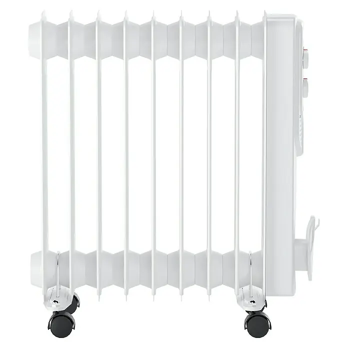 Voltomat HEATING Ölradiator - 2.000 W, Raumgröße bis ca. 20 m², Weiß - Ein weißer, freistehender Ölradiator mit mehreren Rippen und schwarzen Rollen. Geeignet zur Beheizung von Wohnräumen.
