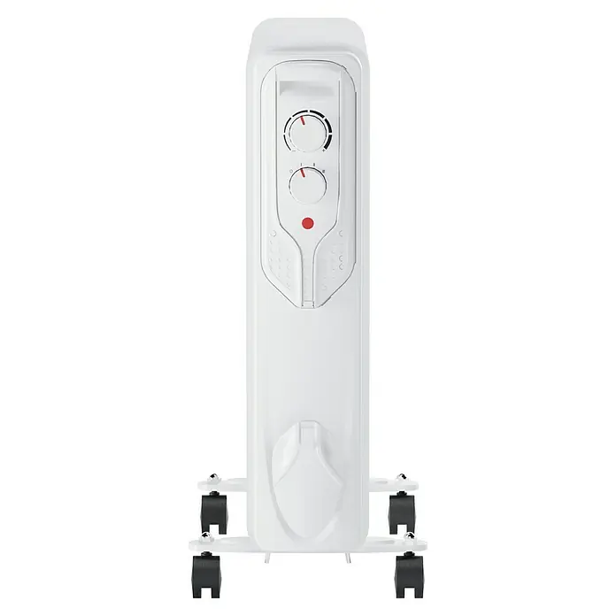 Voltomat HEATING Ölradiator - 2.000 W, Raumgröße bis ca. 20 m², Weiß - Ein weißer, tragbarer Ölradiator mit Rollen und zwei Drehreglern zur Temperatur- und Leistungsregelung.