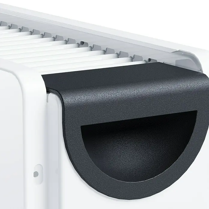Voltomat HEATING Konvektorheizung Dubbe - 2.000 W, Raumgröße bis ca. 20 m², Weiß - Detailaufnahme eines modernen, weißen Heizkörpers mit einem markanten, anthrazitfarbenen Griff.