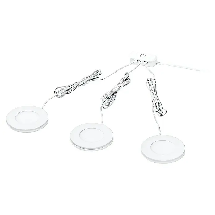 Ledvance LED-Unterbauleuchten-Set Spot Magnet - Warmweiß - Ein weißes LED-Unterbaulicht-Set mit drei runden Leuchten und einem Verteiler mit Netzteilanschluss.