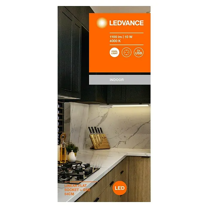Ledvance LED-Unterbauleuchte Linear Socket - Länge: 54 cm, Kaltweiß - Eine LEDVANCE lineare flache Steckdose mit USB-Anschluss, 54 cm lang, mit 1100 lm, 10 W und 4000 K, ideal für den Innenbereich.