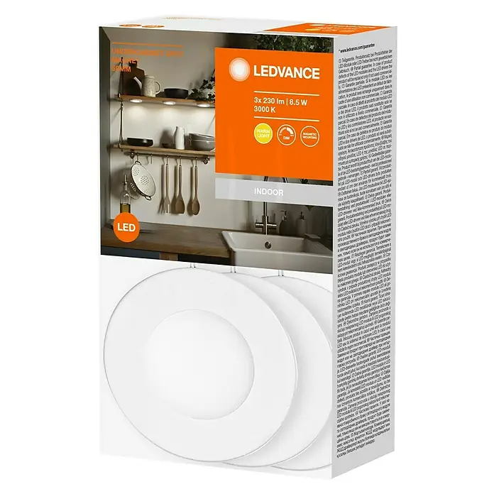 Ledvance LED-Unterbauleuchten-Set Spot Magnet - Warmweiß - LEDVANCE Unterbauleuchte: 3er-Set LED-Spots für den Innenbereich, 3 x 230 lm, 8,5 W, 3000 K, warmweißes Licht, dimmbar, magnetische Montage.