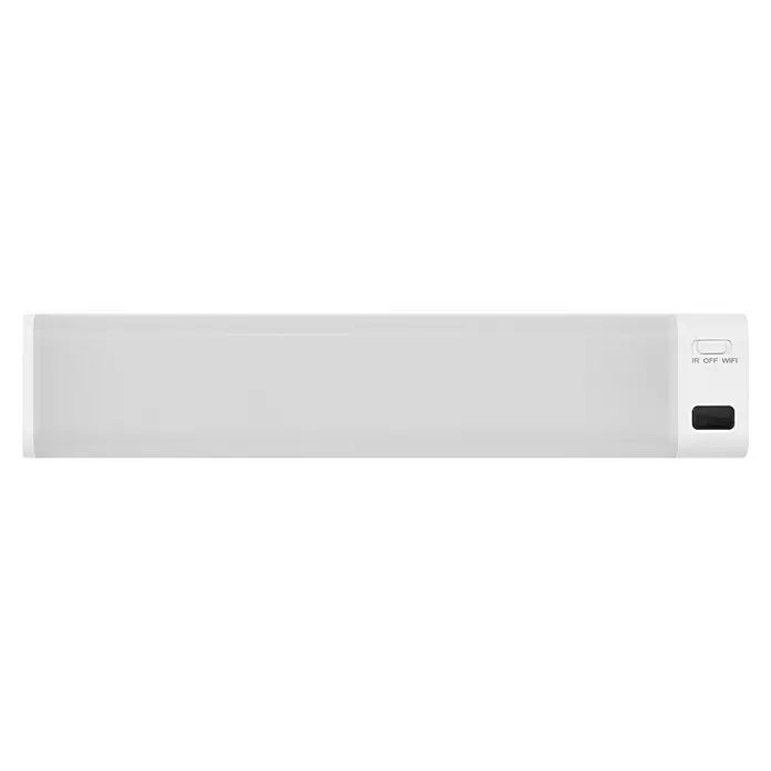 Ledvance Smart+ LED-Unterbauleuchte Slim Sensor - Länge: 30,5 cm, Mehrfarbig - Ein weißes, längliches Gerät mit einer Steuerungseinheit auf der rechten Seite, inklusive Tasten für IR, Off und WLAN, zur Bedienung des Gerätes.