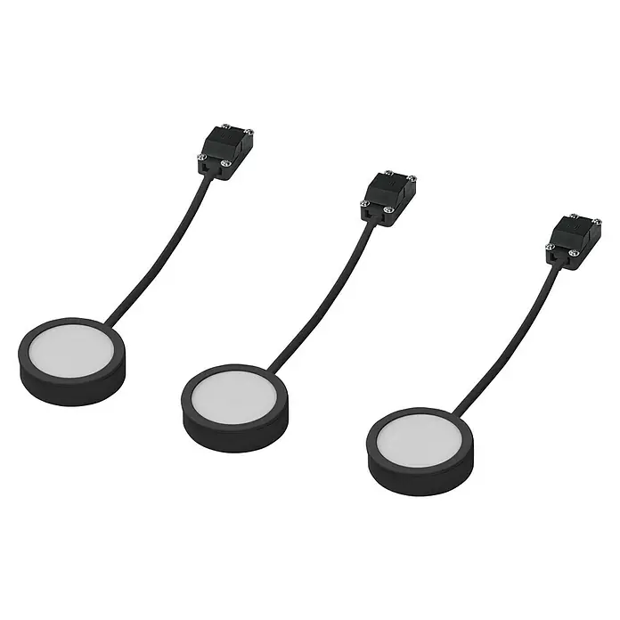 Ledvance LED-Unterbauleuchten-Set Spot Puck - Warmweiß, Schwarz - Drei berührungslose Sensoren mit schwarzem Gehäuse und Kabelanschluss für industrielle Anwendungen.