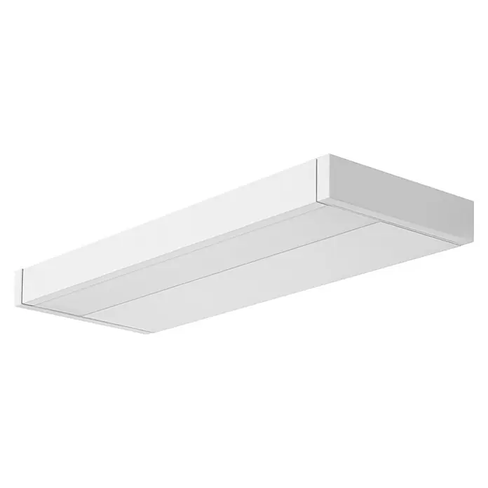 Ledvance LED-Unterbauleuchte Linear Shelf - Länge: 40 cm, Warmweiß - Naheaufnahme einer weißen, rechteckigen Deckenleuchte, die sich ideal für moderne Innenräume eignet. Die Leuchte strahlt helles, gleichmäßiges Licht aus.