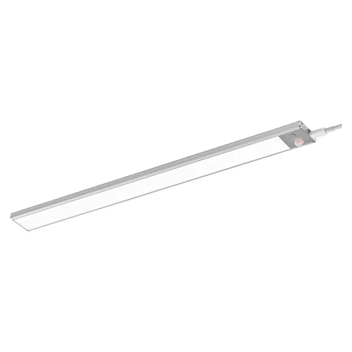 Ledvance LED-Unterbauleuchte Linear Flat Sensor + USB - Länge: 40 cm, Mehrfarbig - Eine schlanke LED-Leuchte mit silberfarbenem Gehäuse und einem dezenten roten Sensor für moderne Beleuchtungslösungen.